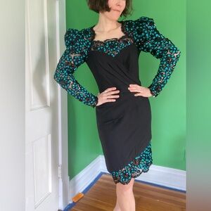 Vintage 90s Patricia Rhodes Black and Teal Lace knee length puffy sleeve dress